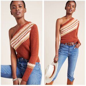 Anthropologie Rust Wool Vittoria Fair Isle One Shoulder Sweater Cozy Tan Large